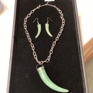 Matching Necklace and Earring Set - Silver Chain with Green Stone Necklace